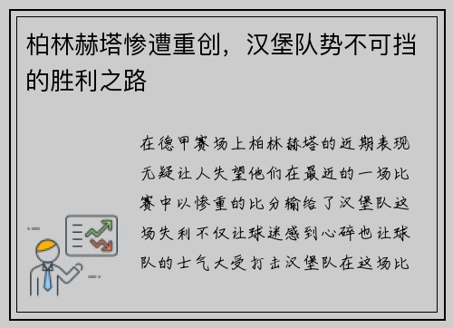 柏林赫塔惨遭重创，汉堡队势不可挡的胜利之路